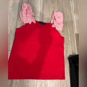 Tommy Hilfiger Red Top with Striped Ruffle